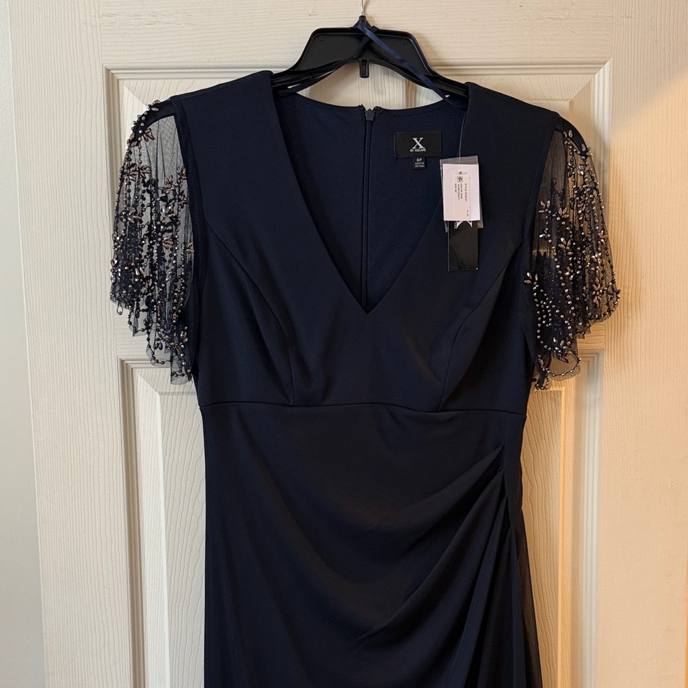 Elegant Navy Dress with Beaded Sleeves